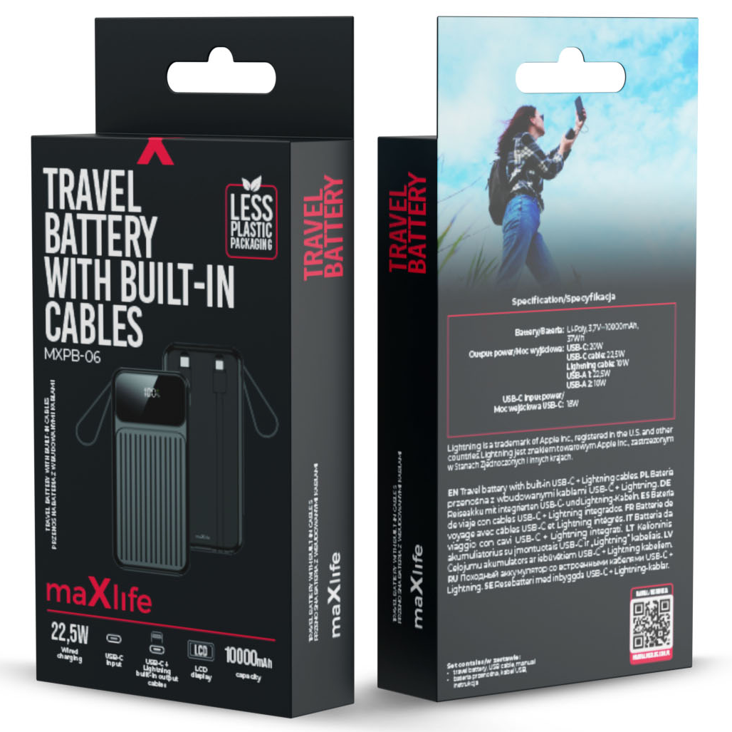 External Battery MaXlife MXPB-06, 10000mAh, 22.5W, QC + PD, 1 x Lightning - 2 x USB-A - 2 x USB-C, Black