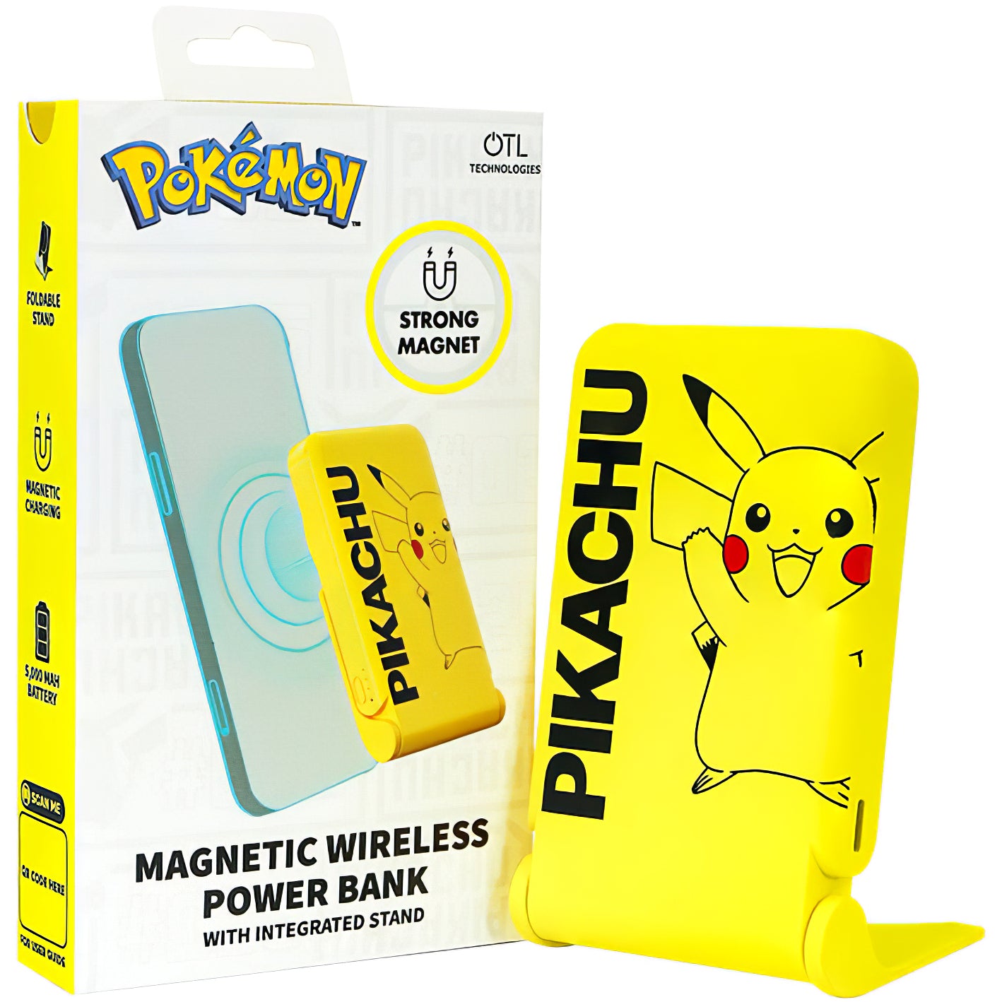 Draadloze Externe Batterij OTL Pokemon Pikatchu, 5000mAh, 20W, PD + FQI, 1 x QI - 1 x USB-C, Geel PK1191