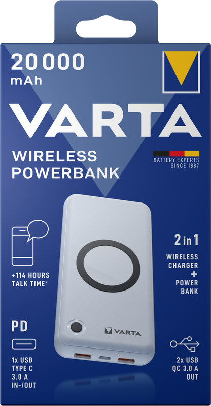 Varta Energy Draadloze Externe Batterij, 20000mAh, 18W, QC + PD + FQI, 1 x QI - 1 x USB-C - 2 x USB-A, Wit