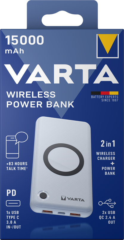 Varta Energy Externe Draadloze Batterij, 15000mAh, 18W, QC + PD + FQI, 1 x QI - 1 x USB-C - 2 x USB-A, Wit