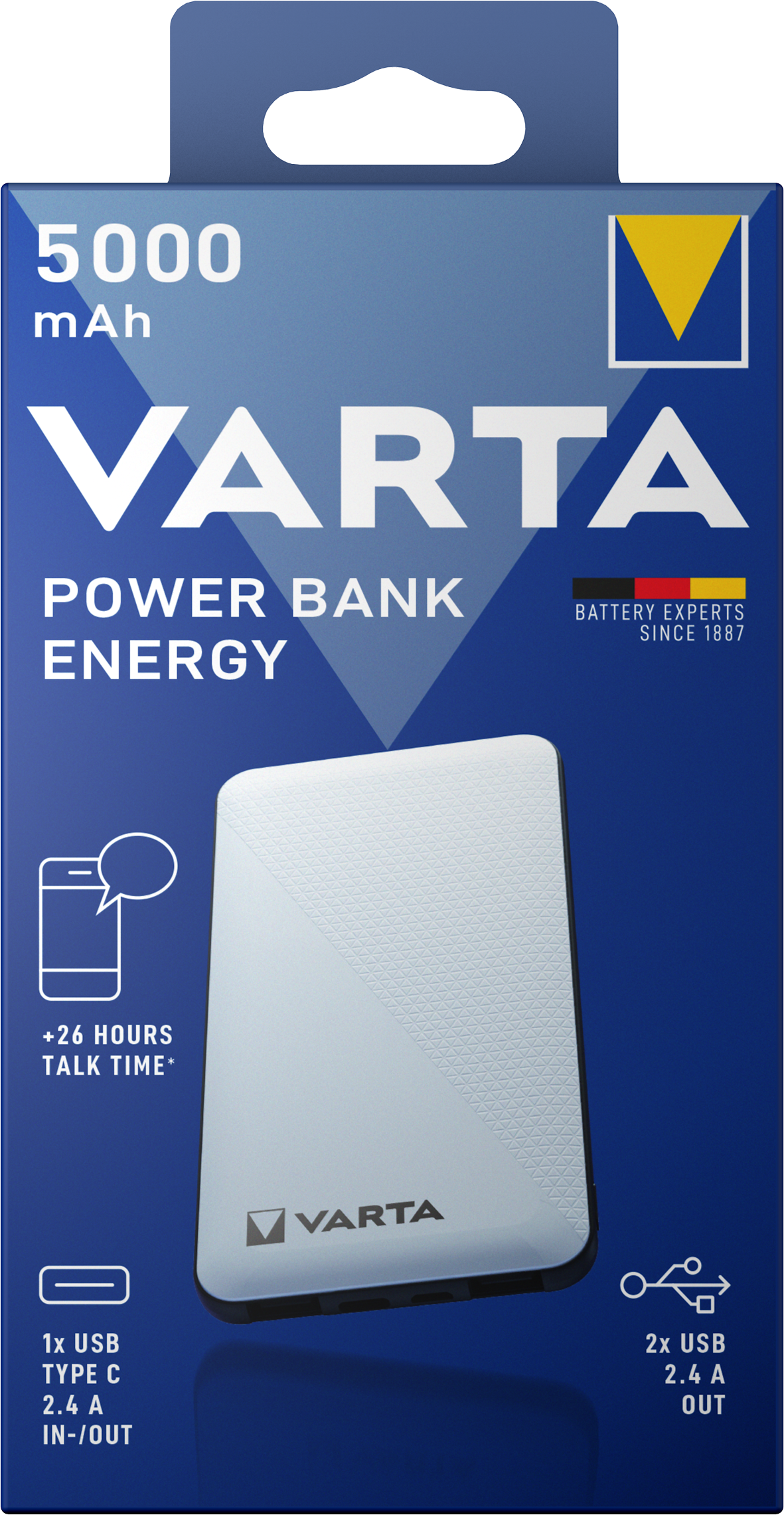 Varta Energy Externe Batterij, 5000mAh, 15W, 2 x USB-A - 1 x USB-C, Wit