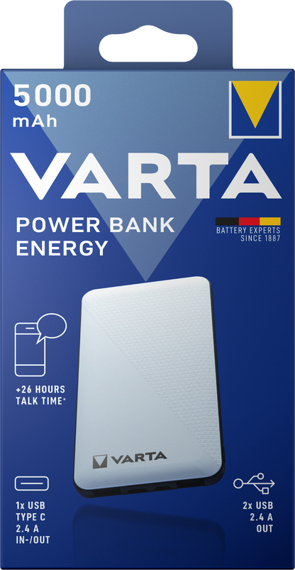 Varta Energy Externe Batterij, 5000mAh, 15W, 2 x USB-A - 1 x USB-C, Wit