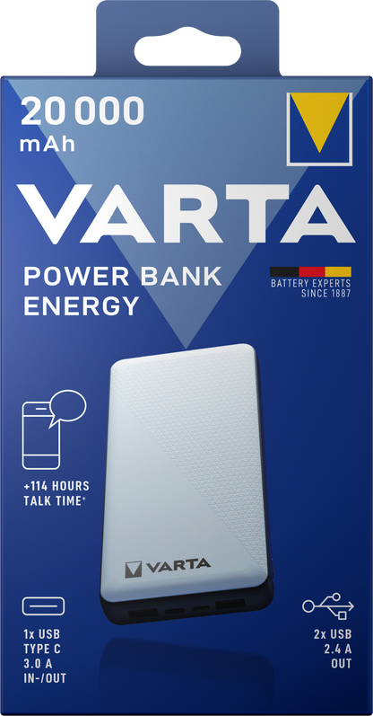 Varta Energy Externe Batterij, 20000mAh, 15W, 2 x USB-A - 1 x USB-C, Wit