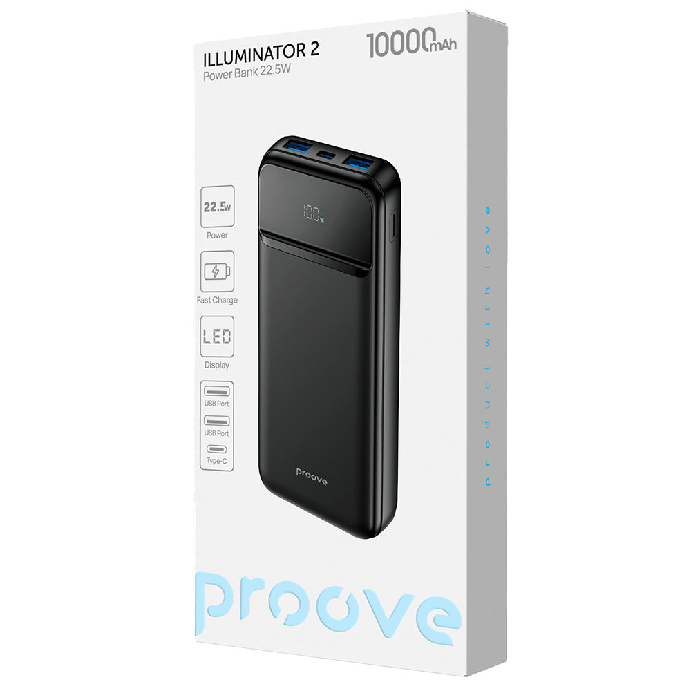 Externe Batterij Proove Illuminator 2, 10000mAh, 22.5W, QC + PD, 2 x USB-A - 1 x USB-C, Zwart PBIP10212201