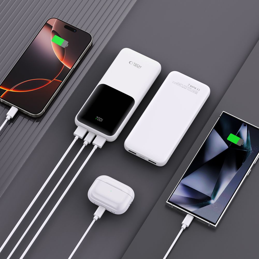 Tech-Protect PB01 External Battery, 10000mAh, 22.5W, QC + PD, 1 x USB-C - 2 x USB-A, White
