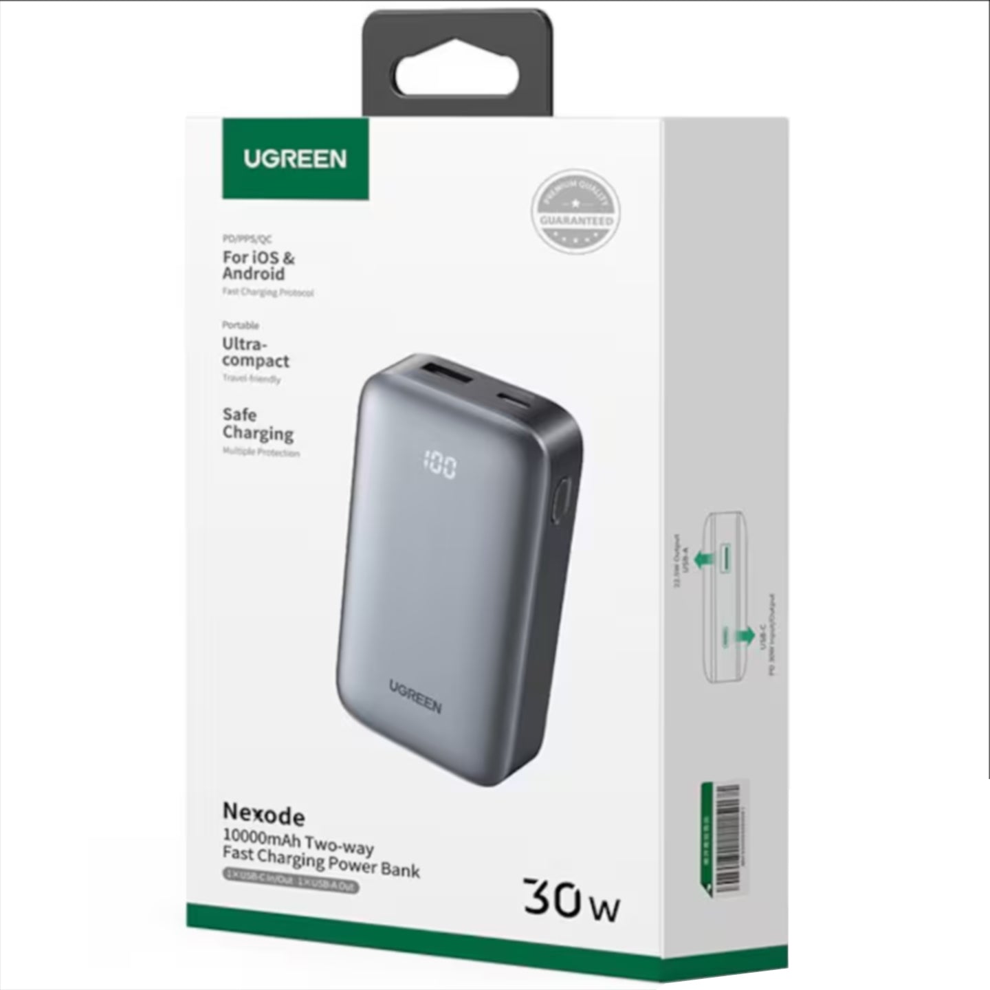 Externe Batterij UGREEN PB502, 10000mAh, 30W, QC + PD, 1 x USB-A - 1 x USB-C, Gri