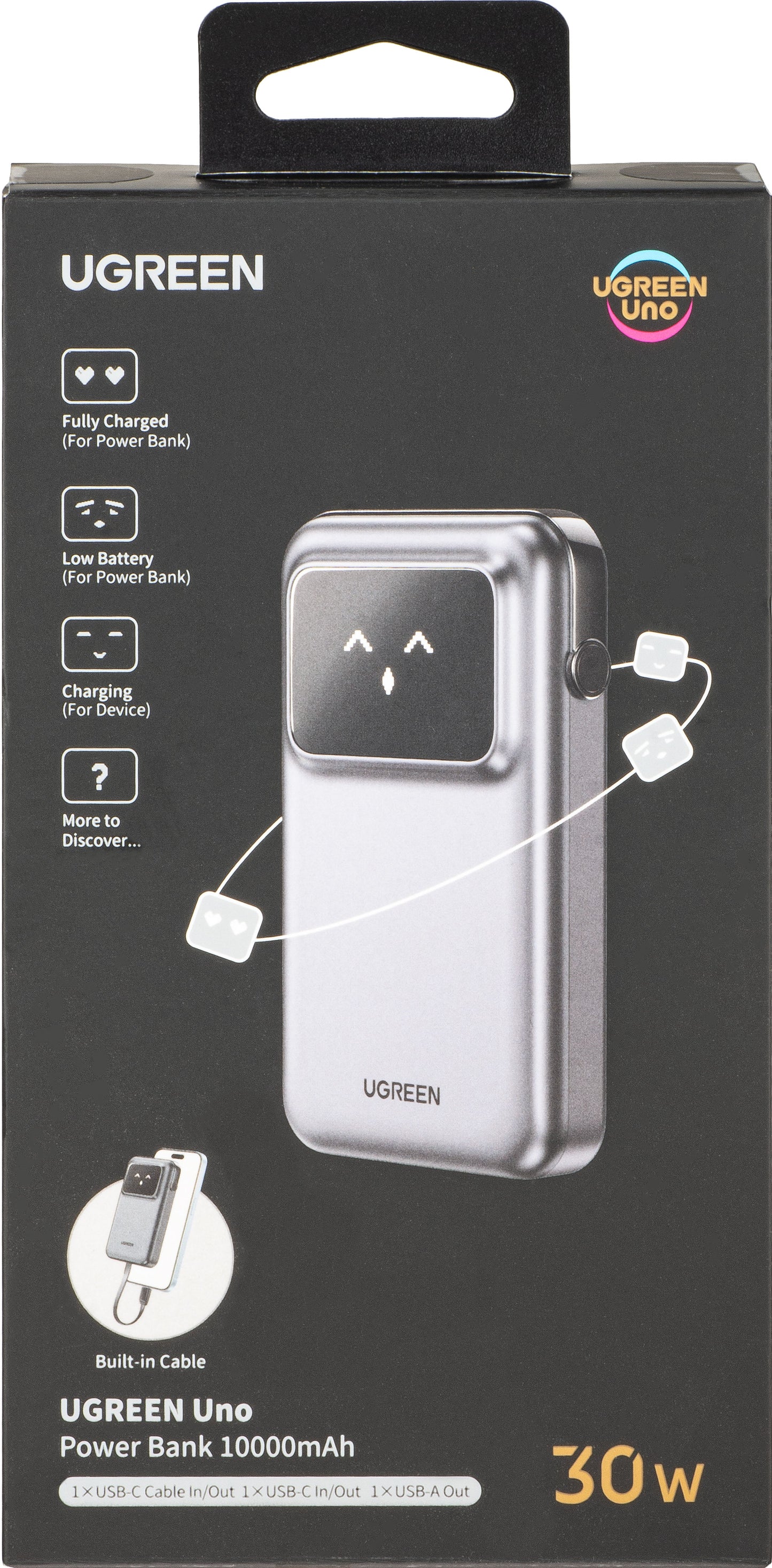 Externe Batterij UGREEN PB511 Uno, 10000mAh, 30W, QC + PD, 1 x USB-A - 2 x USB-C, Gri