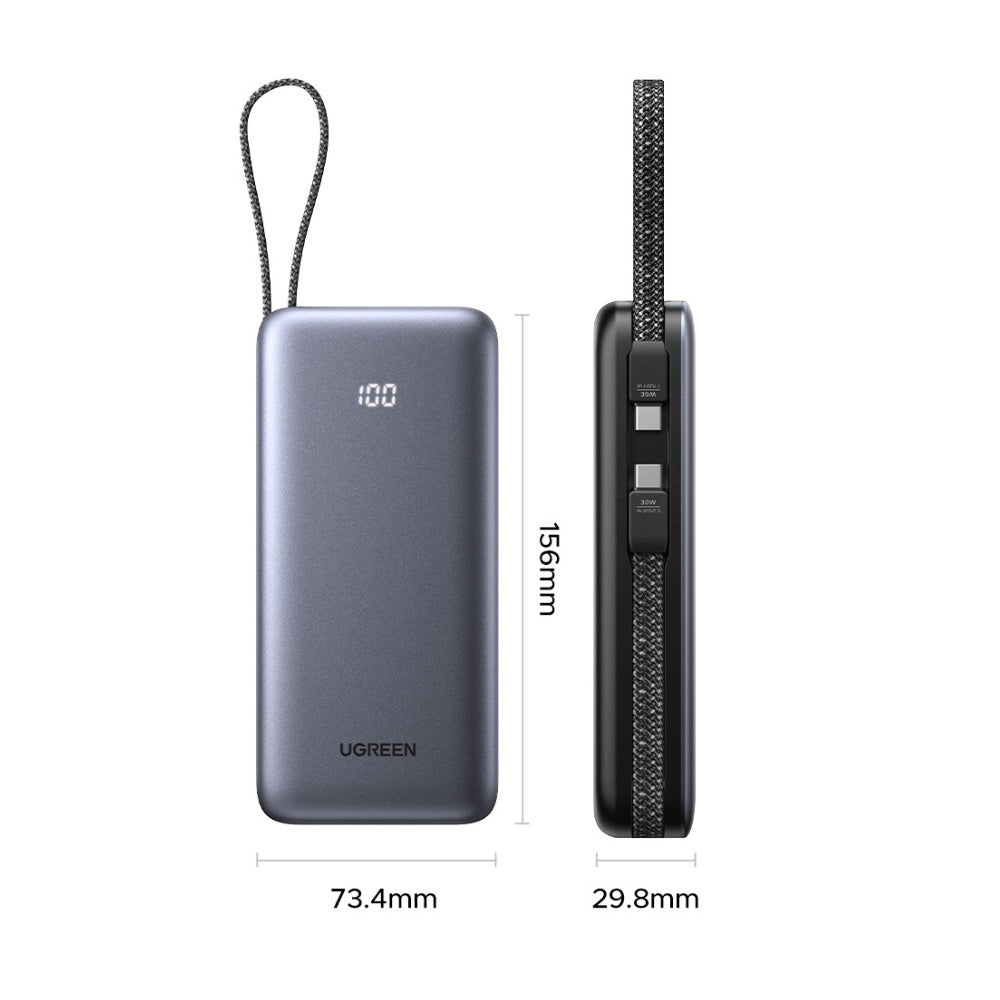 Externe Batterij UGREEN PB528 (55985B), 20000mAh, 30W, QC + PD, 1 x USB-A - 3 x USB-C, Grijs