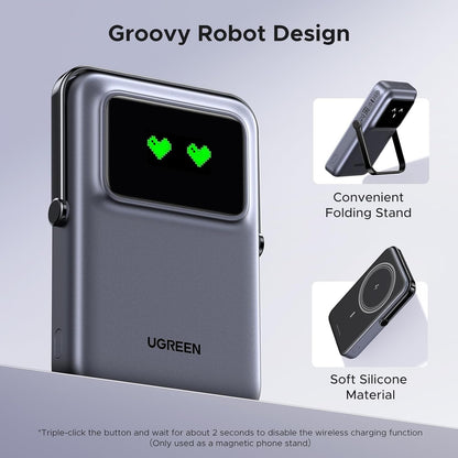 Draadloze Externe Batterij UGREEN PB572 Uno, 10000mAh, 20W, PD + FQI, 1 x QI - 1 x USB-C, Grijs