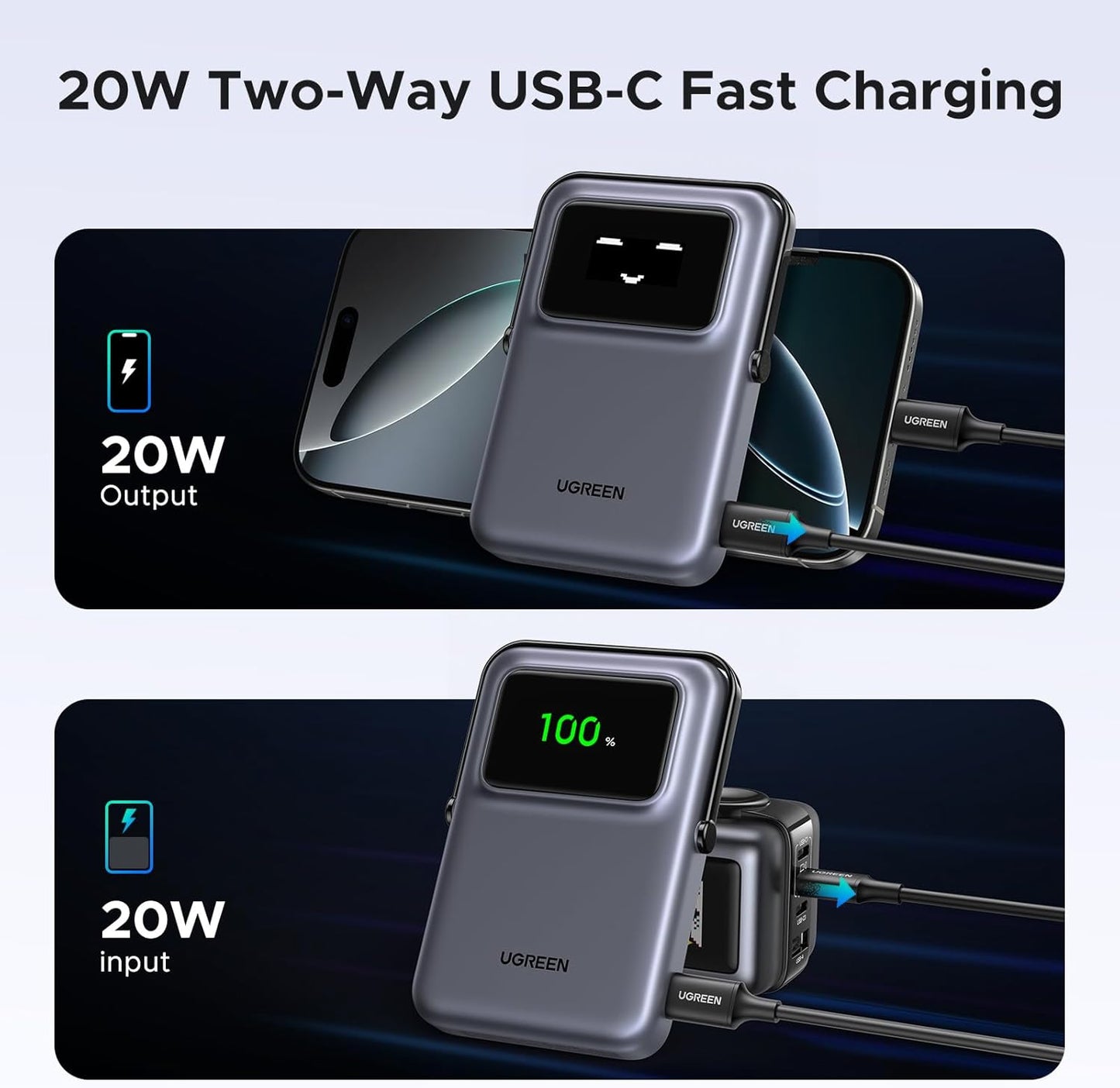 Draadloze Externe Batterij UGREEN PB572 Uno, 10000mAh, 20W, PD + FQI, 1 x QI - 1 x USB-C, Grijs