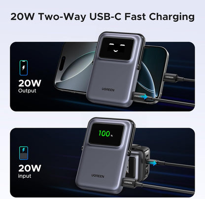 Draadloze Externe Batterij UGREEN PB572 Uno, 10000mAh, 20W, PD + FQI, 1 x QI - 1 x USB-C, Grijs