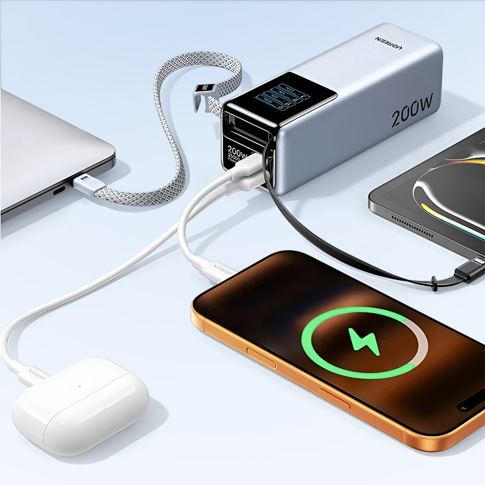 Externe batterij UGREEN PB728 (75702B), 25000mAh, 200W, QC + PD, 1 x USB-A - 3 x USB-C, Grijs