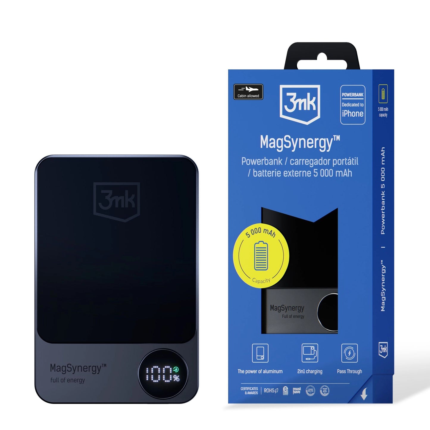 3MK MagSynergy Draadloze Externe Batterij, 5000mAh, 18W, PD + FQI, 1 x QI - 1 x USB-C, Zwart