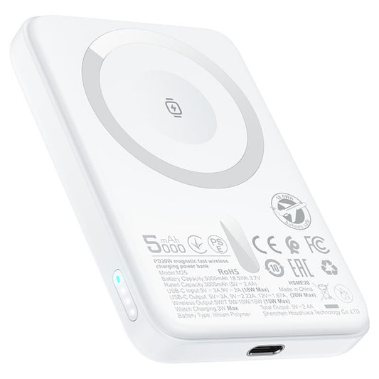 Draadloze Externe Batterij Acefast M25, 5000mAh, 20W, PD + FQI, 1 x QI - 1 x USB-C, Wit