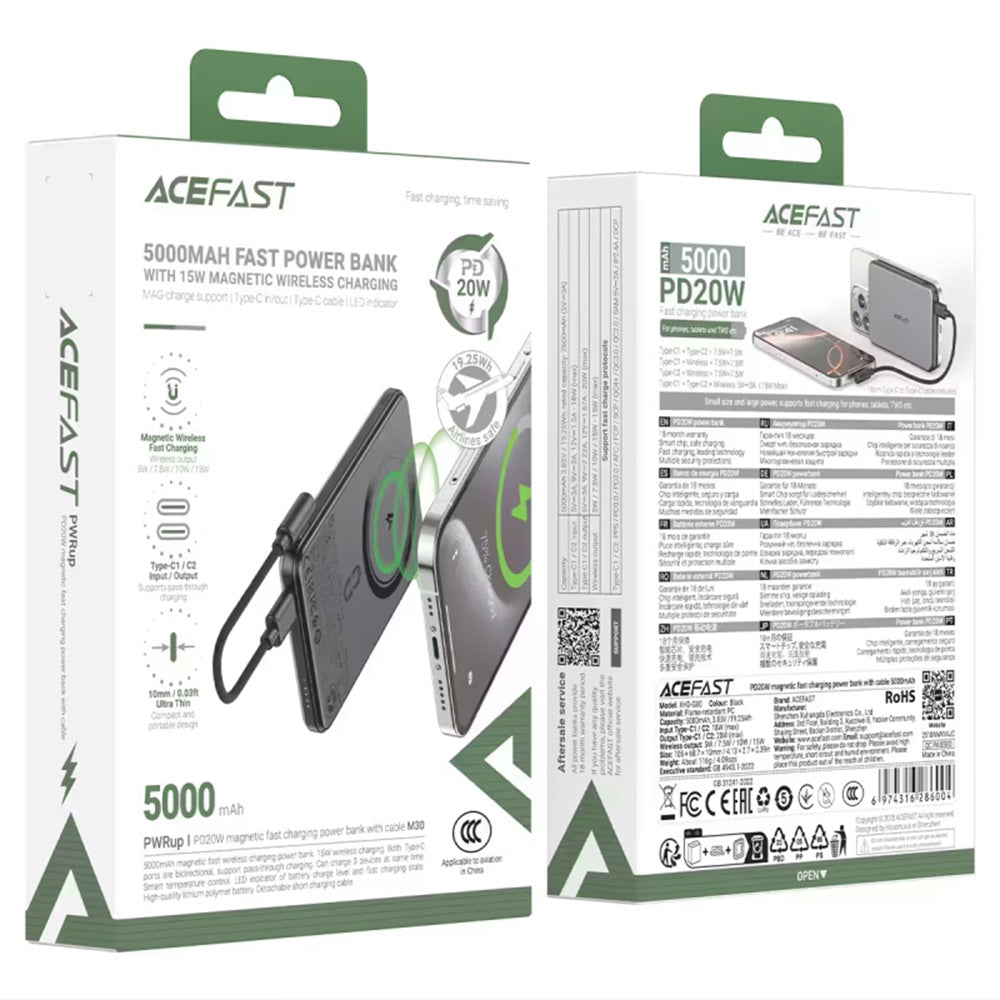 Draadloze Externe Batterij Acefast M30, 5000mAh, 20W, PD + FQI, 1 x QI - 2 x USB-C, Zwart