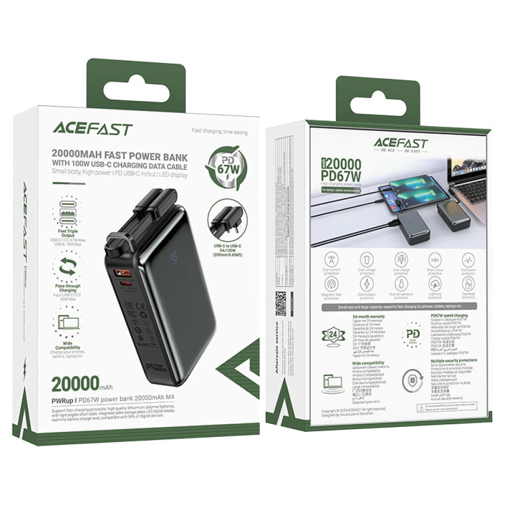 Externe Batterij Acefast M4, 20000mAh, 67W, PD, 1 x USB-A - 2 x USB-C, Zwart