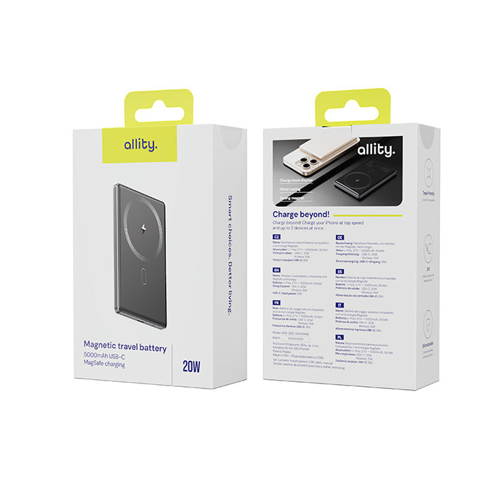Draadloze Externe Batterij Allity. APB-300, 5000mAh, 20W, PD + FQI, 1 x QI - 1 x USB-C, Gri
