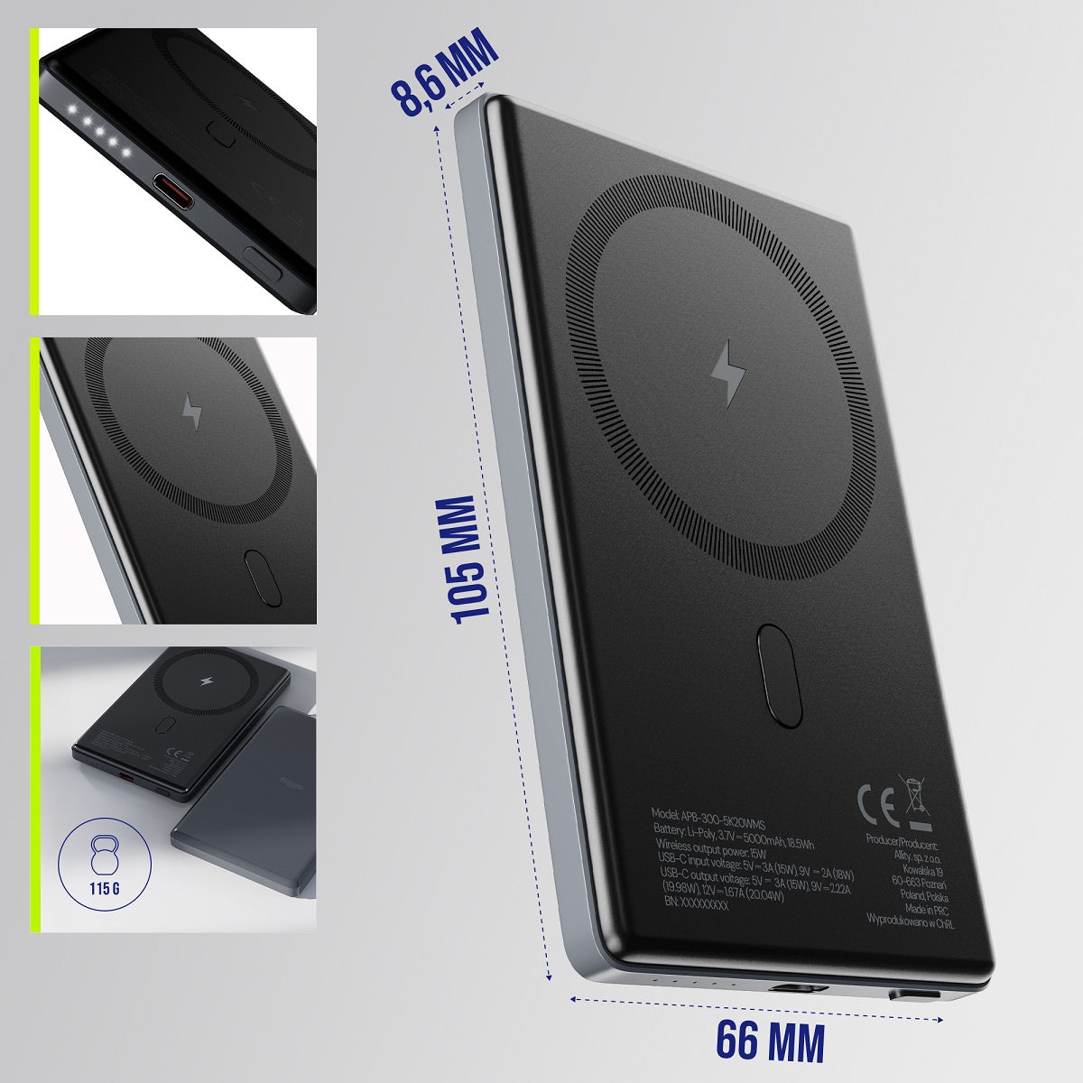 Draadloze Externe Batterij Allity. APB-300, 5000mAh, 20W, PD + FQI, 1 x QI - 1 x USB-C, Gri