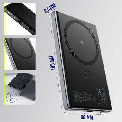 Draadloze Externe Batterij Allity. APB-300, 5000mAh, 20W, PD + FQI, 1 x QI - 1 x USB-C, Gri