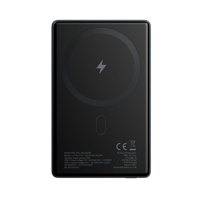 Draadloze Externe Batterij Allity. APB-300, 5000mAh, 20W, PD + FQI, 1 x QI - 1 x USB-C, Gri