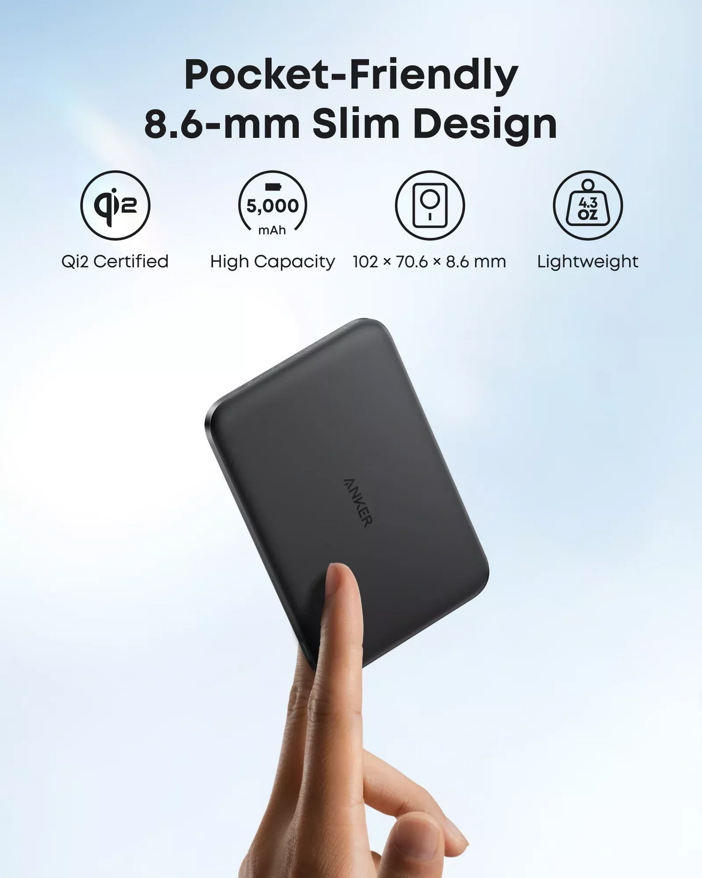 Draadloze Externe Batterij Anker Nano, 5000mAh, 20W, PD + FQI, 1 x QI - 1 x USB-C, Zwart A1665H11