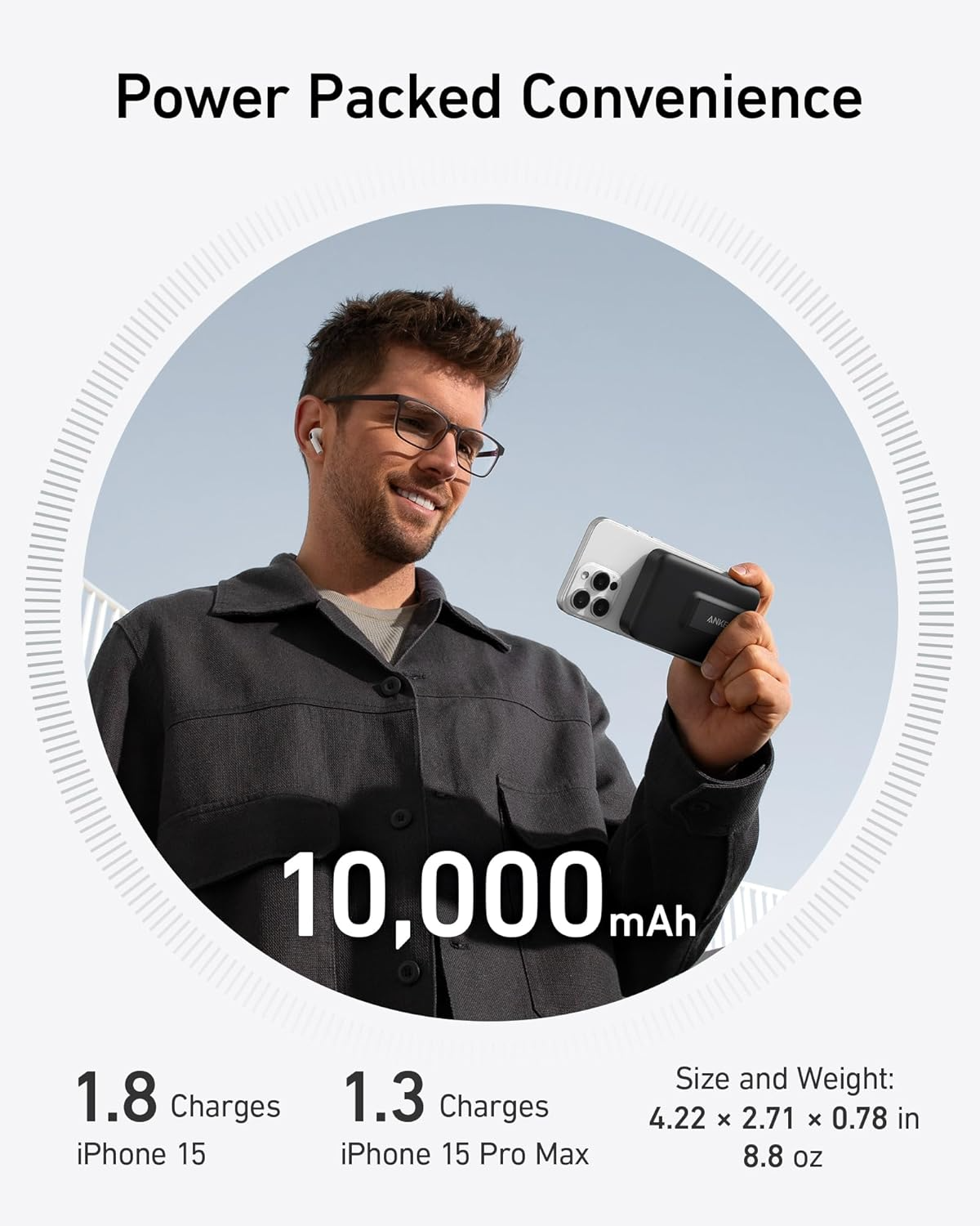 Draadloze Externe Batterij Anker MagGo, 10000mAh, 27W, PD + FQI, 1 x QI - 1 x USB-C, Zwart A1654011