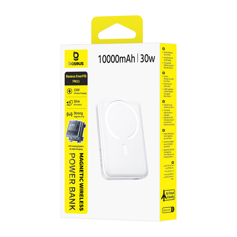 Draadloze Externe Batterij Baseus EnerFill FM11, 10000mAh, 30W, PD + FQI, 1 x QI - 1 x USB-C, Wit