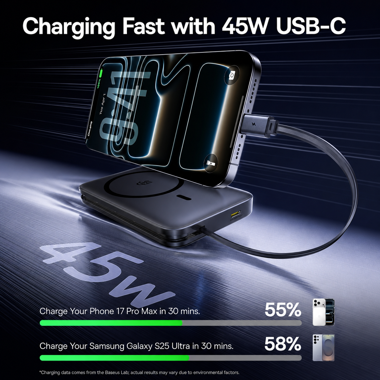 Draadloze Externe Batterij Baseus PicoGo AM61, 10000mAh, 45W, PD + FQI, 1 x QI - 2 x USB-C, Zwart E0028V00