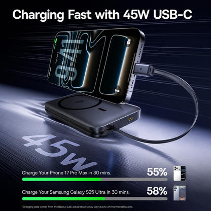 Draadloze Externe Batterij Baseus PicoGo AM61, 10000mAh, 45W, PD + FQI, 1 x QI - 2 x USB-C, Zwart E0028V00