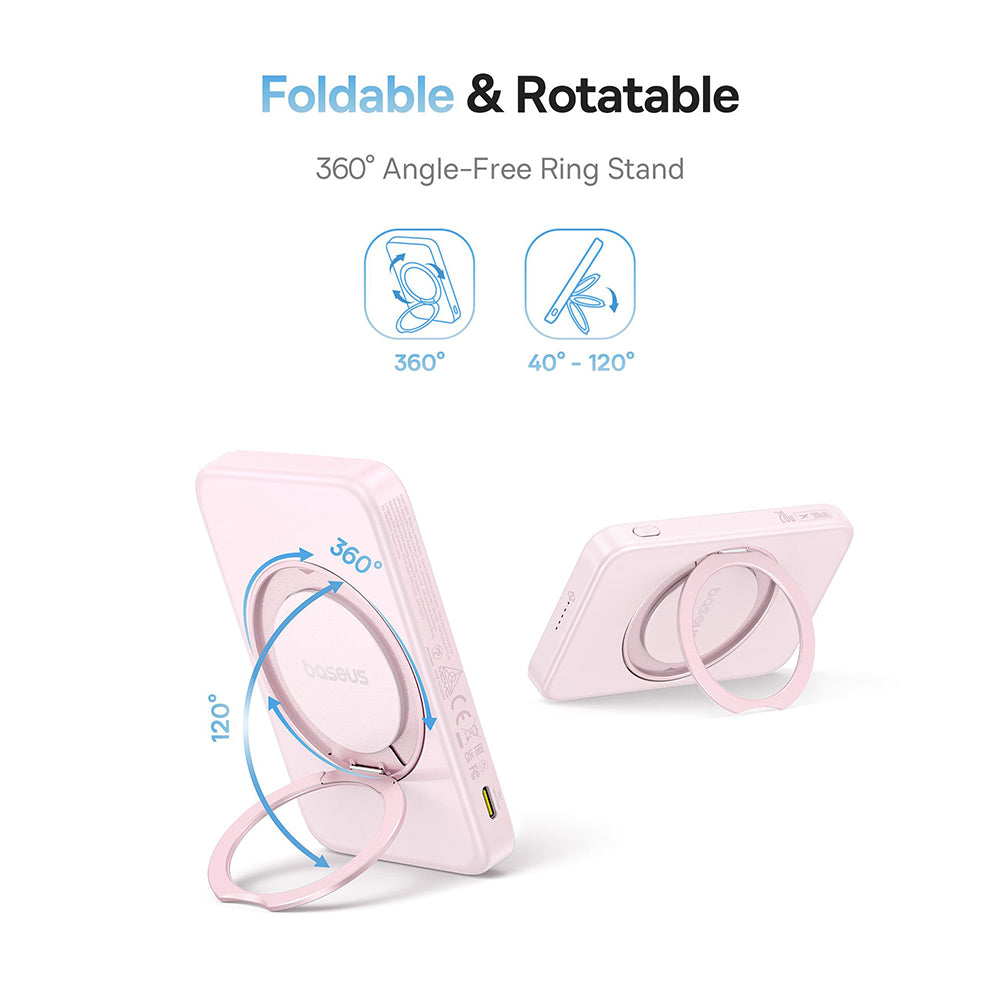 Draadloze Externe Batterij Baseus PicoGo, 5000mAh, 20W, PD + FQI, 1 x QI - 1 x USB-C, Roze P10076800413-00