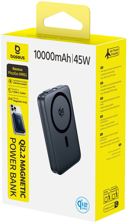Draadloze Externe Batterij Baseus PicoGo AM61, 10000mAh, 45W, PD + FQI, 1 x QI - 2 x USB-C, Zwart E0028V00