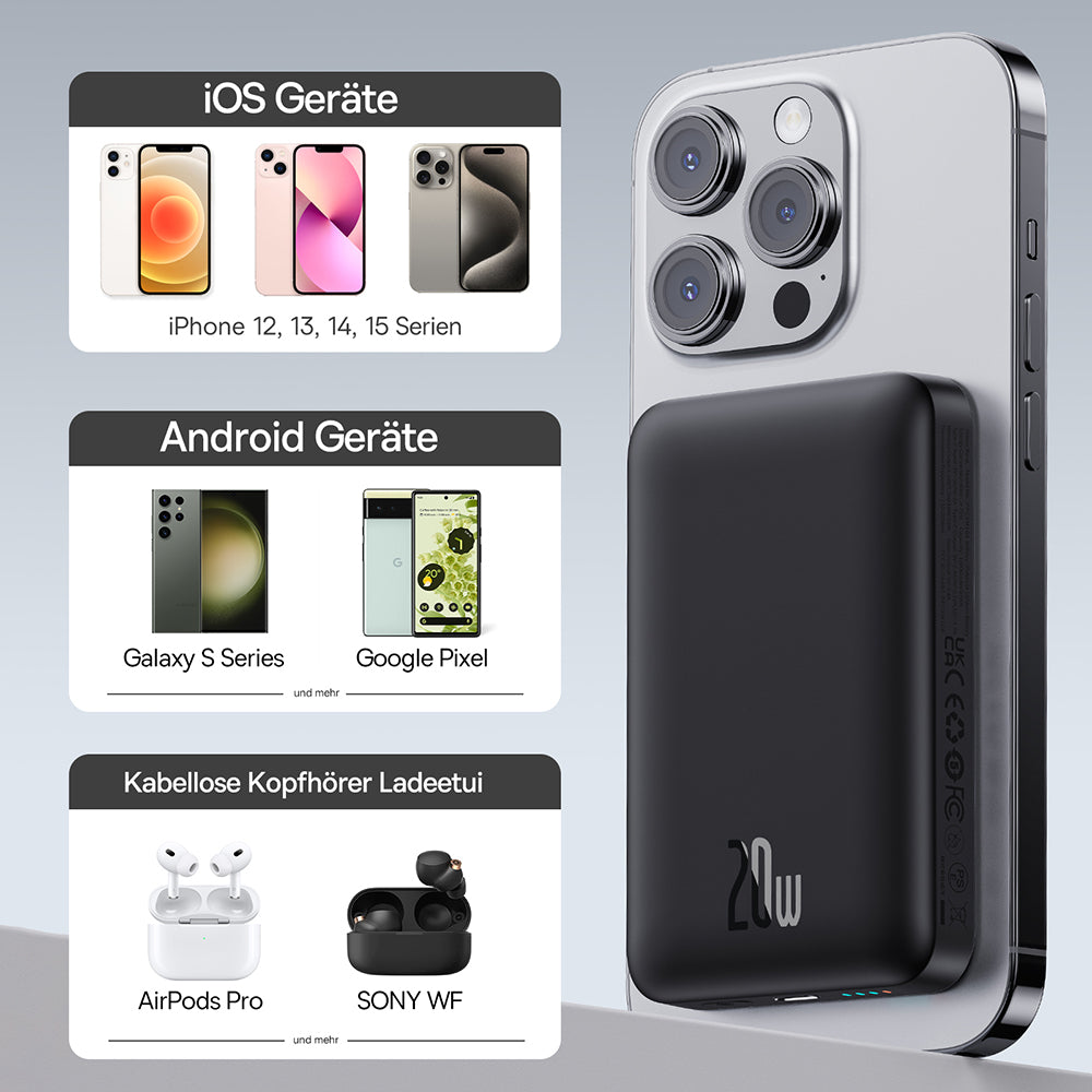 Externe Draadloze Batterij Baseus Magnetic Mini, 10000mAh, 20W, PD + FQI, 1 x QI - 1 x USB-C, Zwart P10059001113-00