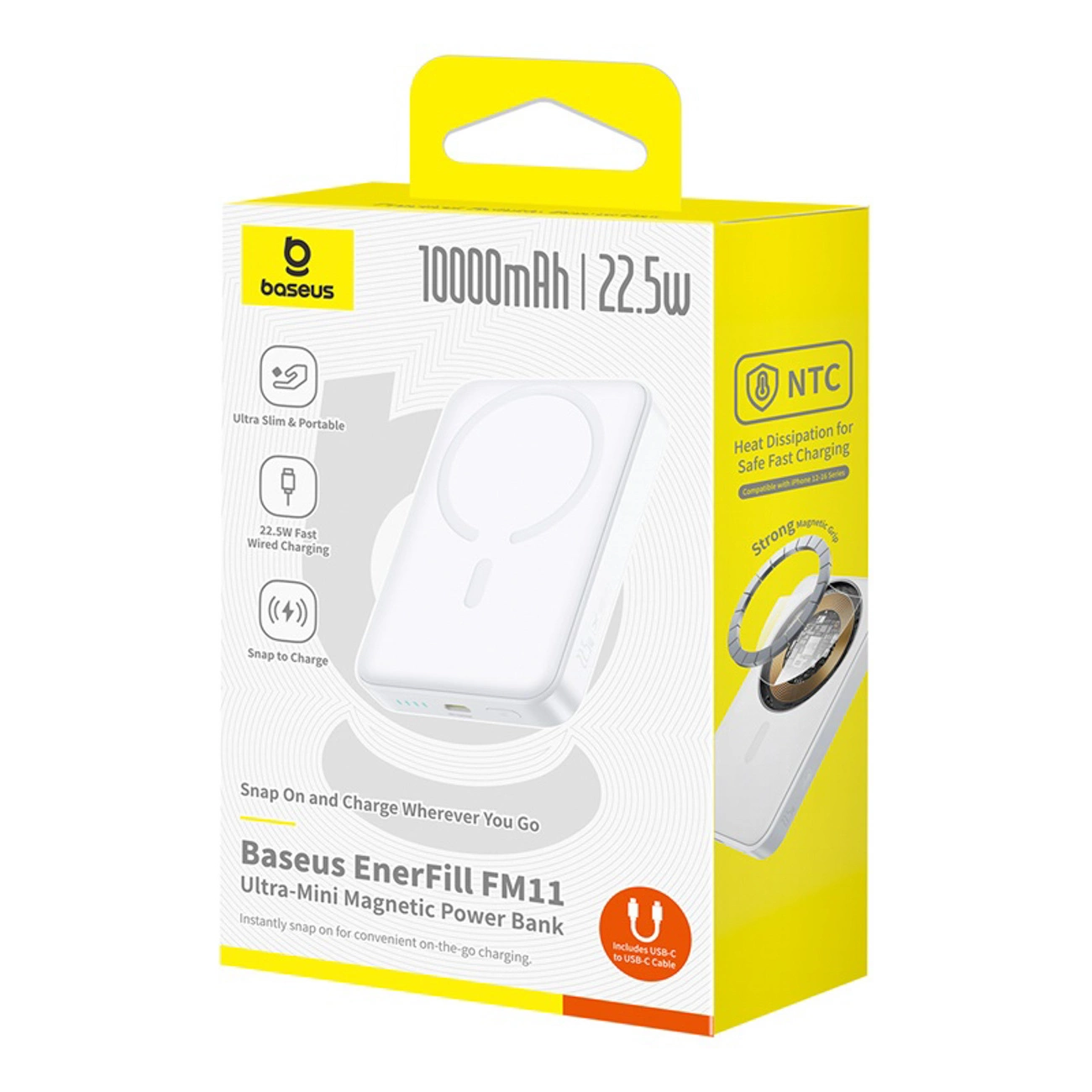 Draadloze Externe Batterij Baseus EnerFill FM11 Ultra-Mini, 10000mAh, 22.5W, PD + FQI, 1 x QI - 1 x USB-C, Wit P1008210E213-00