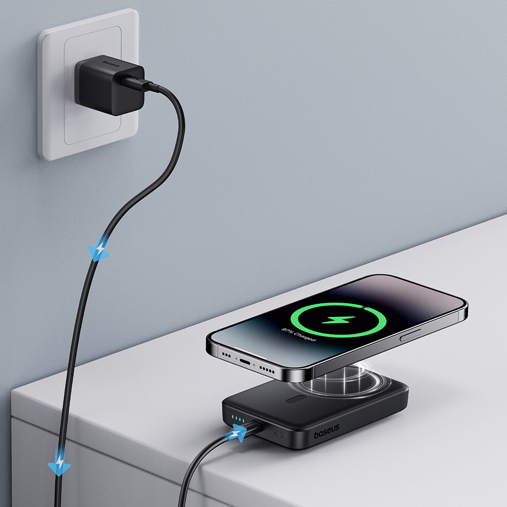 Externe Draadloze Batterij Baseus Magnetic Mini, 10000mAh, 20W, PD + FQI, 1 x QI - 1 x USB-C, Zwart P10059001113-00