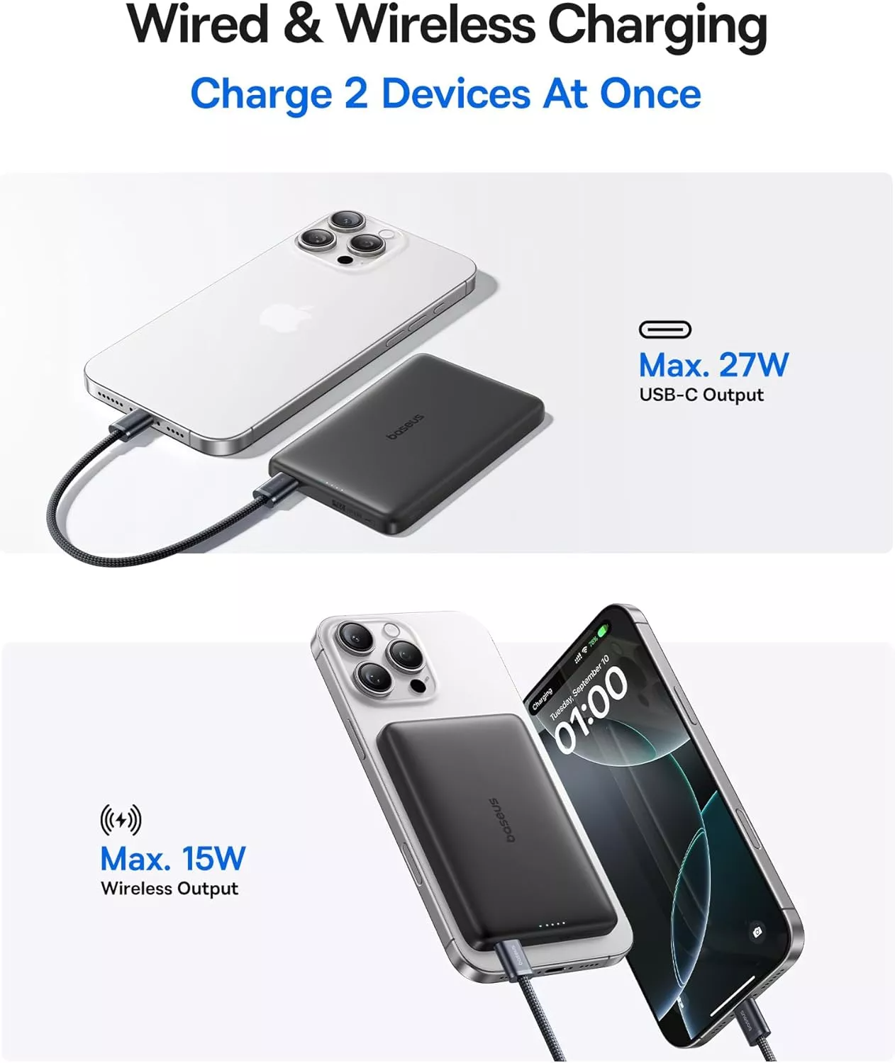 Externe Draadloze Batterij Baseus PicoGo AM41, 10000mAh, 27W, PD + FQI, 1 x QI - 1 x USB-C, Zwart E0027201