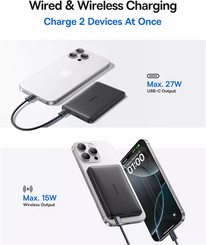 Externe Draadloze Batterij Baseus PicoGo AM41, 10000mAh, 27W, PD + FQI, 1 x QI - 1 x USB-C, Zwart E0027201