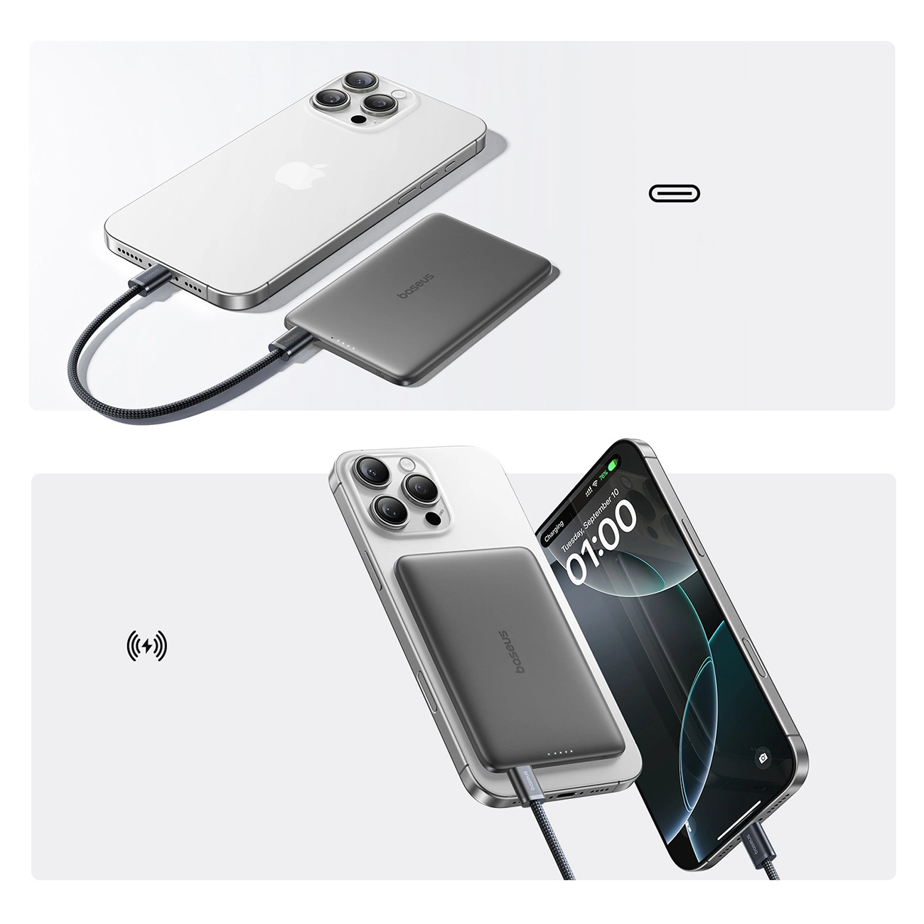 Draadloze Externe Batterij Baseus PicoGo AM41, 5000mAh, 20W, PD + FQI, 1 x QI - 1 x USB-C, Zwart