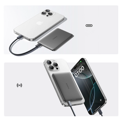 Draadloze Externe Batterij Baseus PicoGo AM41, 5000mAh, 20W, PD + FQI, 1 x QI - 1 x USB-C, Zwart