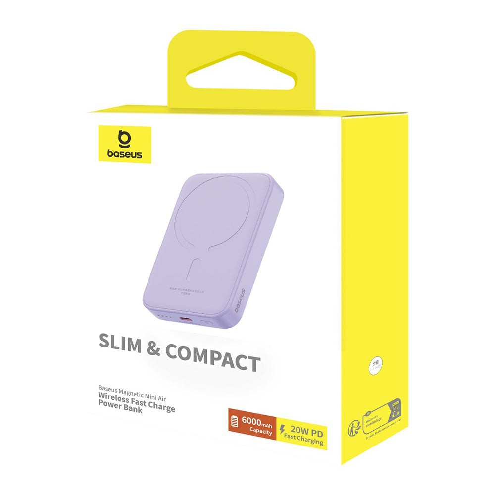 Externe Draadloze Batterij Baseus Mini Air, 6000mAh, 20W, PD + FQI, 1 x QI - 1 x USB-C, Paars P10059002513-00