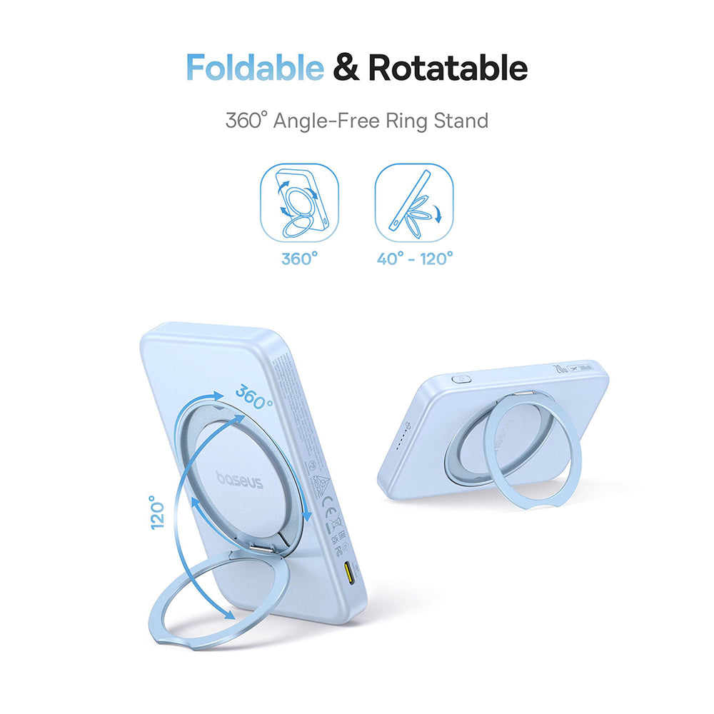 Externe Draadloze Batterij Baseus PicoGo, 5000mAh, 20W, PD + FQI, 1 x QI - 1 x USB-C, Blauw P10076800313-00