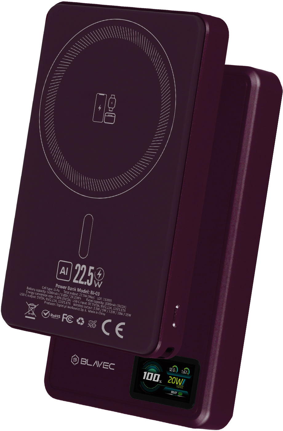 Draadloze powerbank Blavec BJ-03 Slim, 10000 mAh, 22,5 W, PD + FQI, 1 x QI - 1 x USB-C, paars