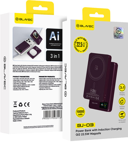 Draadloze powerbank Blavec BJ-03 Slim, 10000 mAh, 22,5 W, PD + FQI, 1 x QI - 1 x USB-C, paars
