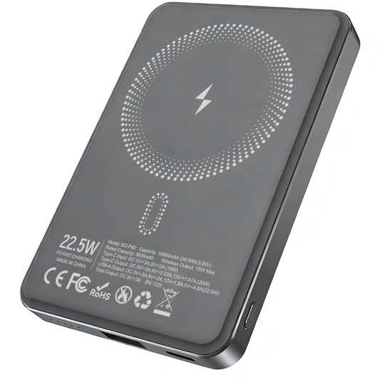 Draadloze Externe Batterij BWOO BO-P82, 10000mAh, 22,5W, PD + FQI, 1 x QI - 1 x USB-C, Grijs