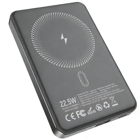 Draadloze Externe Batterij BWOO BO-P82, 10000mAh, 22,5W, PD + FQI, 1 x QI - 1 x USB-C, Grijs