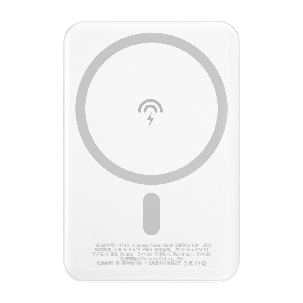Draadloze Externe Batterij Dudao K14S, 5000mAh, 10W, PD + QI, 1 x QI - 1 x USB-C, Wit
