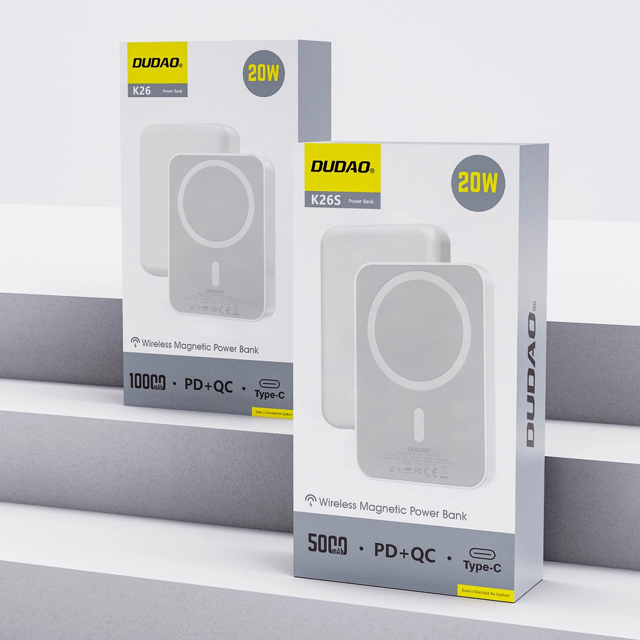 Dudao K26s Externe Draadloze Batterij, 5000mAh, 20W, PD + FQI, 1 x QI - 1 x USB-C, Wit