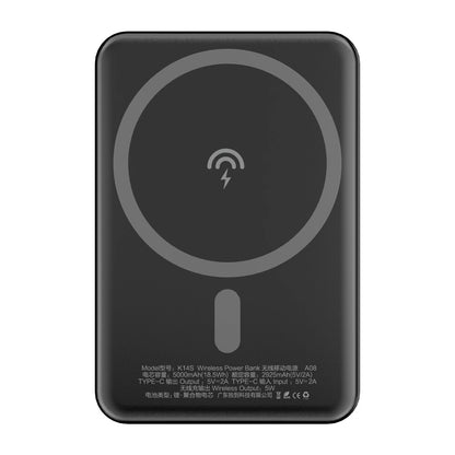 Dudao K14S Wireless External Battery, 5000mAh, 10W, PD + QI, 1 x QI - 1 x USB-C, Black