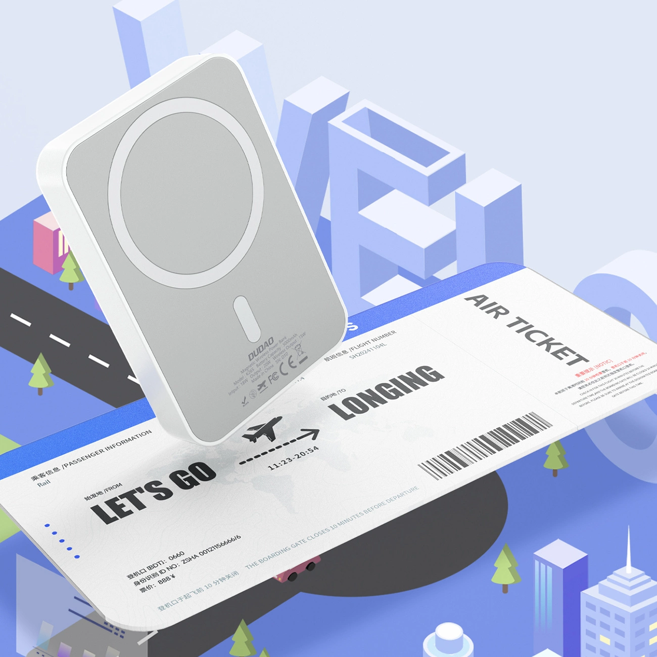 Dudao K26s Externe Draadloze Batterij, 5000mAh, 20W, PD + FQI, 1 x QI - 1 x USB-C, Wit