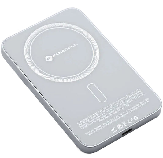 Draadloze Externe Batterij Forcell F5K8, 5000mAh, 15W, PD + FQI, 1 x QI - 1 x USB-C, Wit