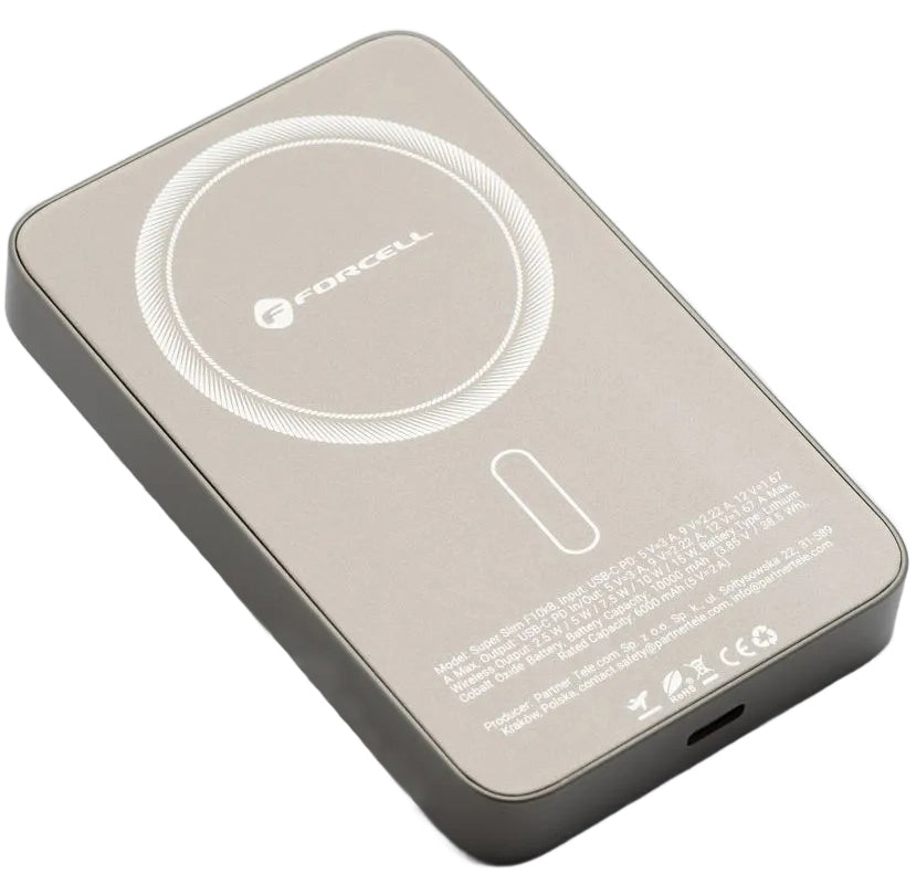 Draadloze Externe Batterij Forcell F5K8, 5000mAh, 15W, PD + FQI, 1 x QI - 1 x USB-C, Goud